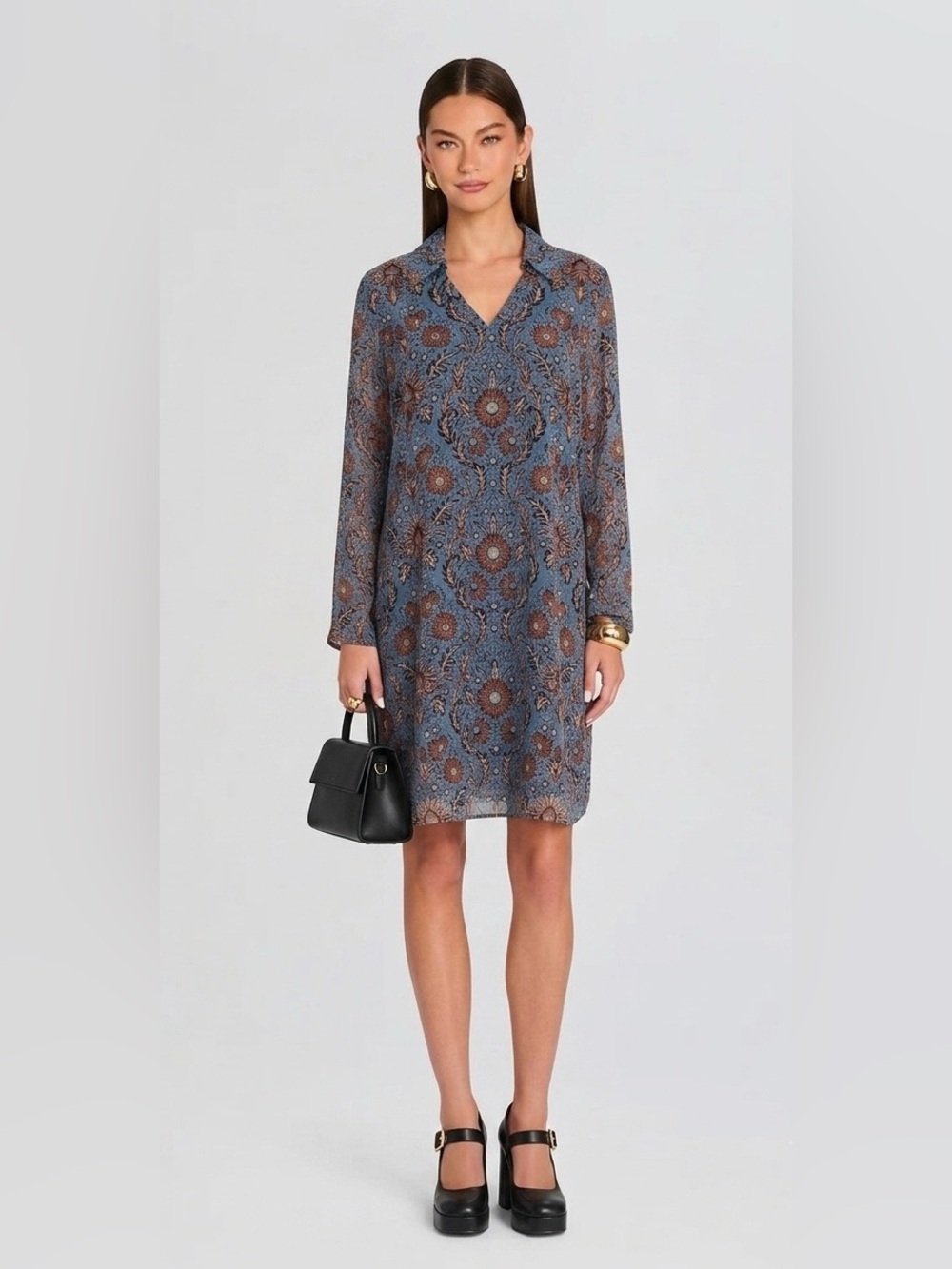 CAbi Paisley Floral V Neck Chiffon Shift Dress Size Medium Preppy Boho Chic Twee